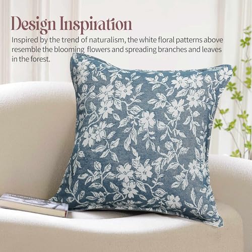 Floral Throw Pillow Covers 20x20 Set of 2 Farmhouse Jacquard Decorative Pillowcovers Couch Pillows for Living Room Accent Sofa Pillows Blue (2 Count)