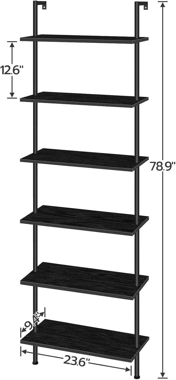 HOOBRO DIY Ladder Shelf, 6-Tier Wall Mounted Bookshelf, Office Vertical Bookcase, Wooden Storage Shelves for Home Office, Bedroom, Black BB65CJ01