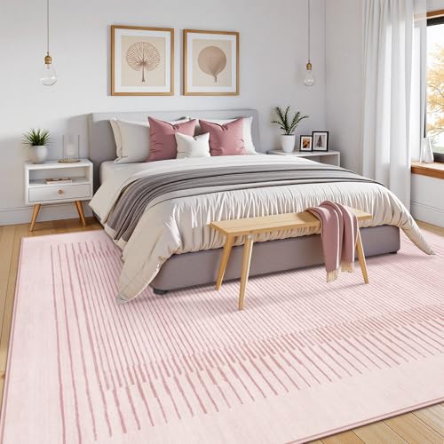 Washable Pink Striped Rug for Bedroom 8x10