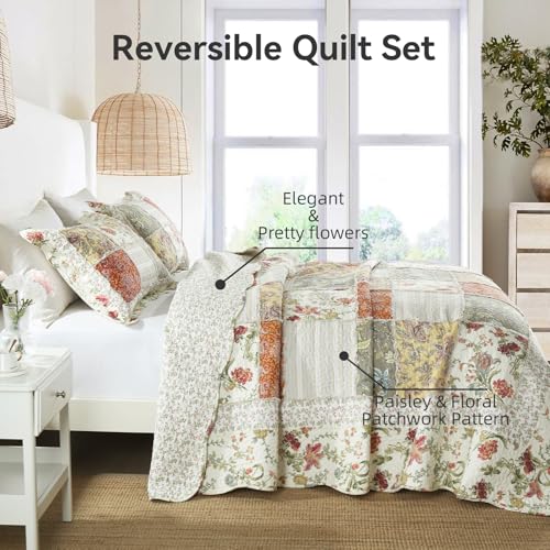 3 Piece Quilt Set King Size Quilted Bedspread Reversible Country Style Floral Real Patchwork Bedding Quilt Set with Ruffles with Pillowcases for All Seasons