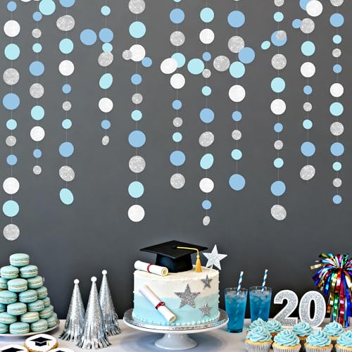 Dusty Blue Silver White Polka Dots Garland Hanging Paper Circle Dot Streamer for Nautical Birthday Wedding Engagement Bridal Shower Retirement Graduation Hen Party Decorations Supplies