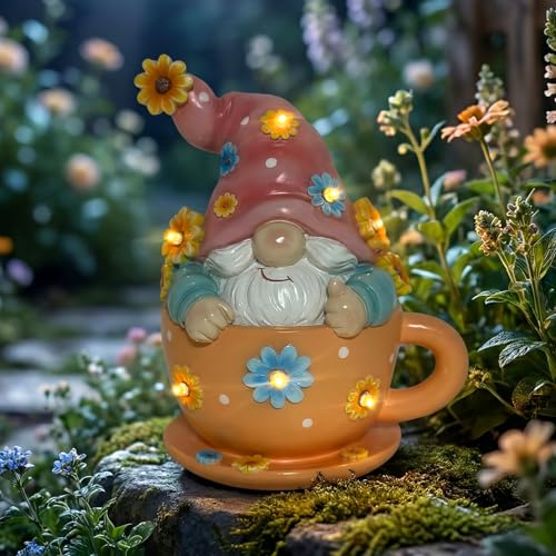 Outdoor Garden Gnome Statue in Teacup with Sunflower Light