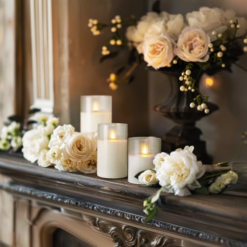White Ribbed Glass Flameless LED Pillar Candles with Remote Timer
