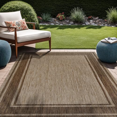 Outdoor Rug 5x7 Modern Bordered Area Rugs for Indoor and Outdoor Patio Deck Porch Garden Waterproof Weather Sun Resistant Washable Outside Carpet