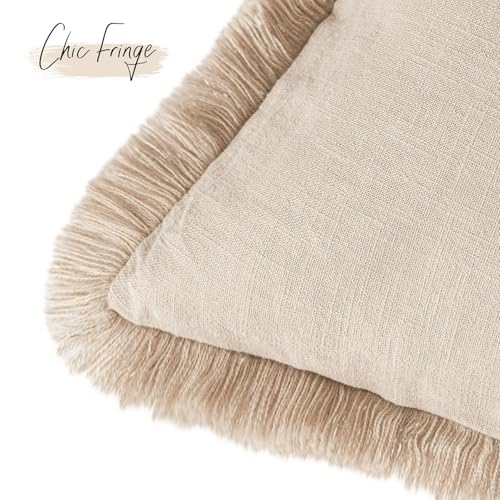 Boho Linen Fringe Lumbar Throw Pillow Covers 12×20 Tan Beige (2 Count)