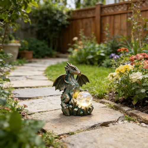 JOYBEE Dragon Solar Garden Statues Outdoor Decoration with Magic Orb