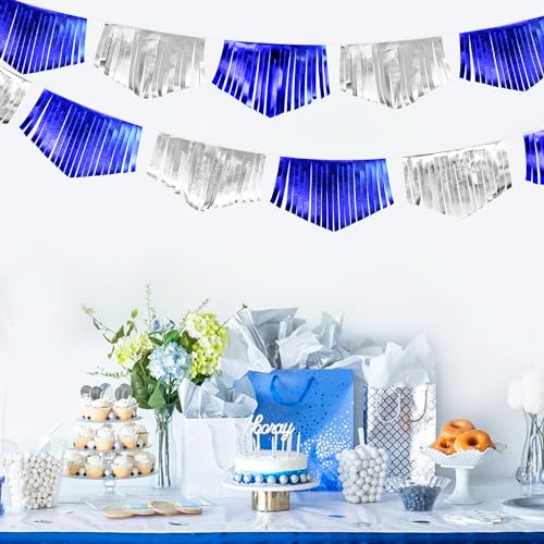Royal Blue Silver Tassel Banner Metallic Fabric Pennant Bunting Flag for Graduation Birthday Retirement Bachelorette Engagement Wedding Bridal Shower Navy Nautical Ahoy Achor Party Decoration Supplies (16.93 Foot)