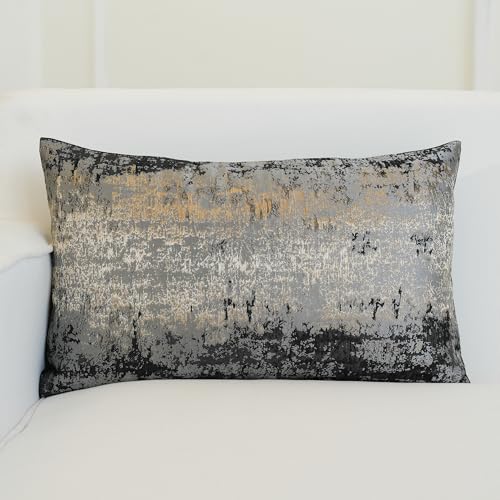 Charcoal Champagne Metallic Jacquard Lumbar Pillow Cover 12x20 Velvet Back Modern Glam Sofa Decor