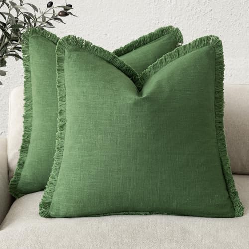 Decorative Linen Fringe Throw Pillow Covers 26×26 Forest Green (2 Count)