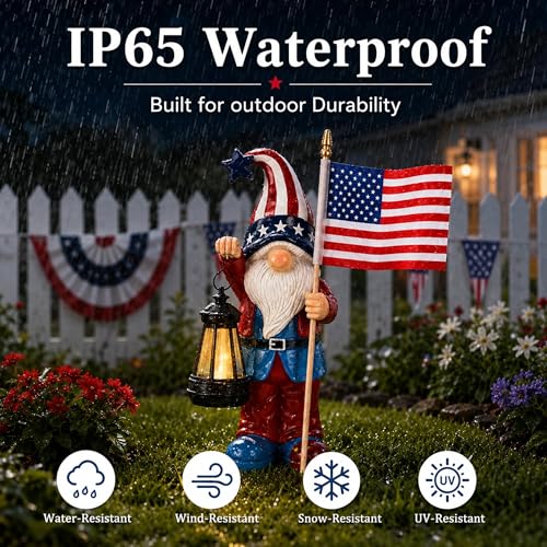 Solar Patriotic Gnomes Statues with Flag for Garden Decor