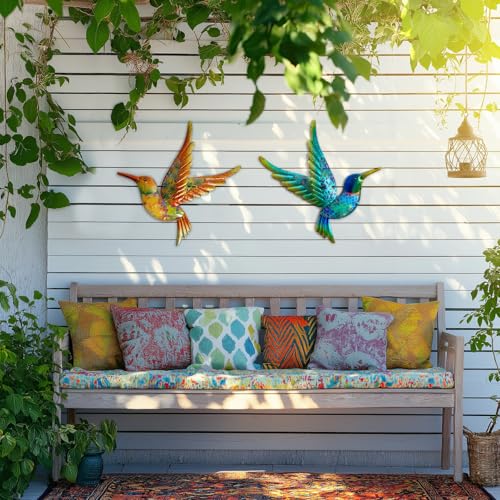 Metal Hummingbird Wall Art 12inch Metal Birds Wall Sculpture Garden Decoration Outdoor Statue Patio Fence Hanging Plaques 2 Pack（Multicolor） (2 Count)