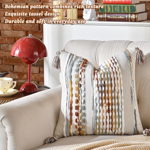 Set of 2 Chenille Striped Textured Boho Throw Pillow Covers Aesthetic with Tassels Woven Decorative Pillow Case for Couch Bed Sofa Bedroom Modern Funky 18 x 18 (2 Count)