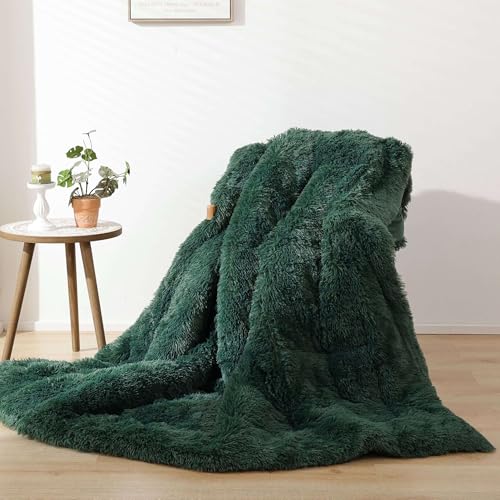Fluffy King Size Comforter Set Dark Green Faux Fur Comforter 3 Pcs