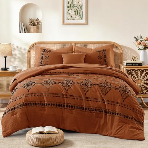 Queen Comforter Set Embroidery Floral 7 Pieces Bed in a Bag
