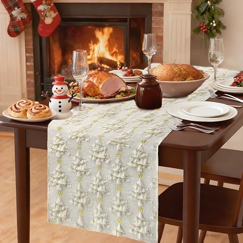 Christmas Table Runner Christmas Trees Beige Soft Plush Faux Fur 13x72 Inch (6.5 Sq Ft)