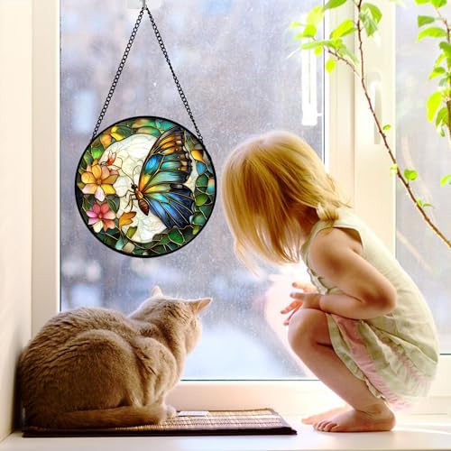 Green Butterfly Flower Stained Glass Window Hanging Suncatcher Gifts 7.8"