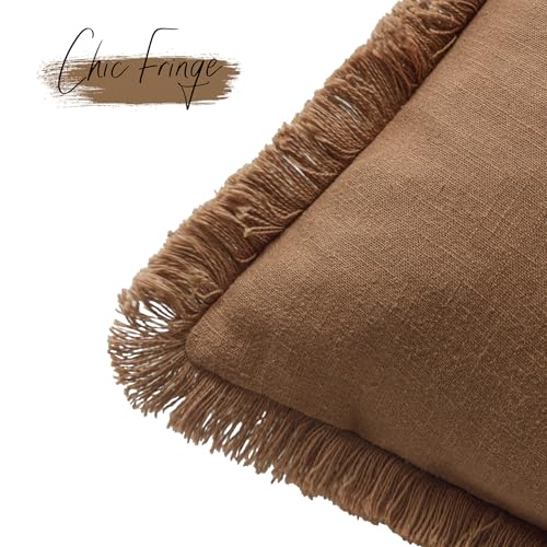 Decorative Linen Fringe Throw Pillow Covers 26×26 Orange Brown (2 Count)