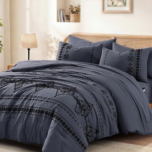 King Size Comforter Set Embroidery Floral 7 Pieces Bed in a Bag