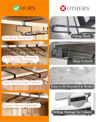 Wine Glass Holder 2PCS Stemware Rack Hanger Under Cabinet Wine Glass Rack Kitchen Hanging Storage Rack Organizer