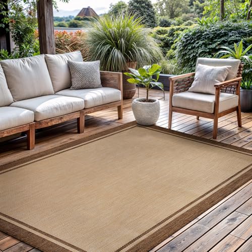 Outdoor Rug 8x10 Bordered Natural Brown Modern Area Rugs for Indoor and Outdoor Patios (80 Sq Ft)