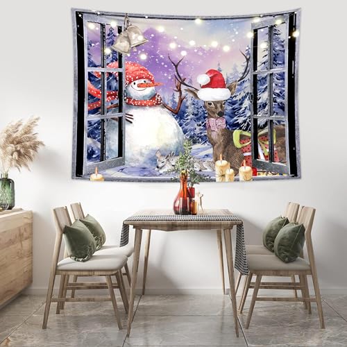 Christmas Window Tapestry Wall Hanging Christmas Backdrop Winter Window Wall Decor Xmas Snowman Deer Tapestries for Bedroom Living Room Dorm Holiday Party Decoration