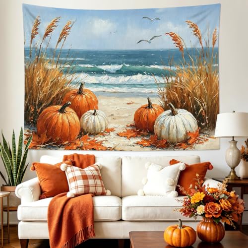 Coastal Fall Pumpkin Tapestry beach Landscape Wall Decor 80Wx60L Inch