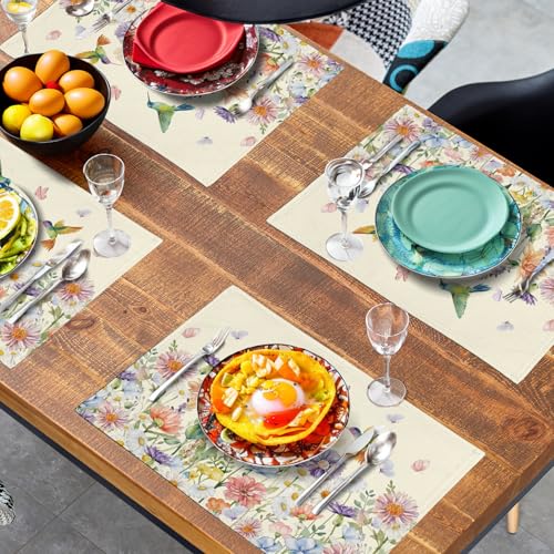Flowers Bird Spring Summer Placemats Set of 4 Watercolor Floral Hummingbird Butterfly Place Mats 12x18 Inch Wildflowers Grass Seasonal Farmhouse Linen Table Mat for Kitchen Dining Decor (4 Count)
