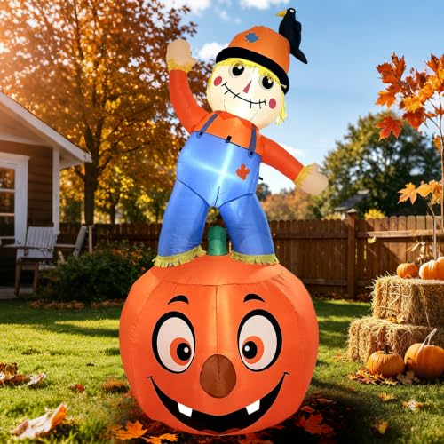 8FT Fall Inflatable Scarecrow Decorations for Outdoor Yard with LED Lights (Orange Blue)