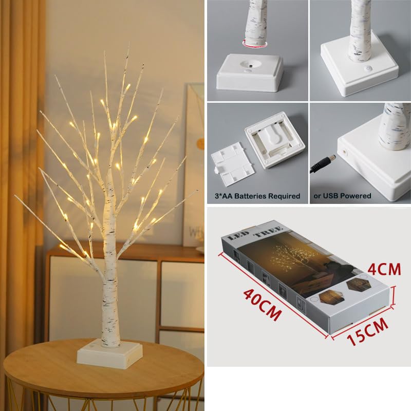2FT Fairy Birch Tree with 24 LED Lights Artificial Tree Lamp with Timer for Easter Christmas Decoration Light Spirit Tree USB