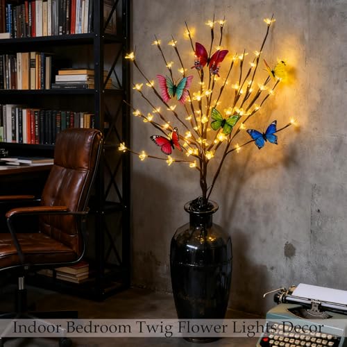 60 LED Battery Lit Stems Flowers Butterfly Branch for Window Vase Decor