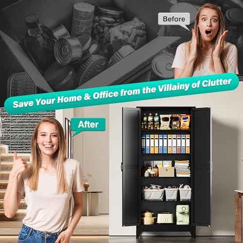 Wide & Deep Pantry Storage Cabinets with 2 Doors and 5 Shelves