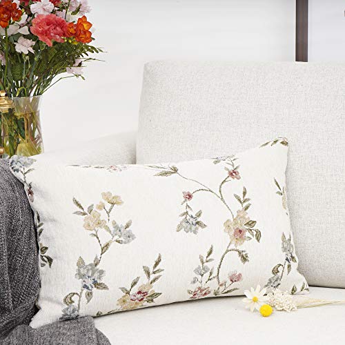 Classical Embroidery Jacquard Farmhouse Oblong Rectangle Chenille Beige Floral Pattern Decorative Throw Pillow Case