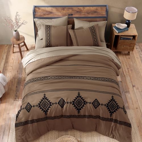 Embroidery King Size Comforter Set 7 Pieces Brown Bed in a Bag
