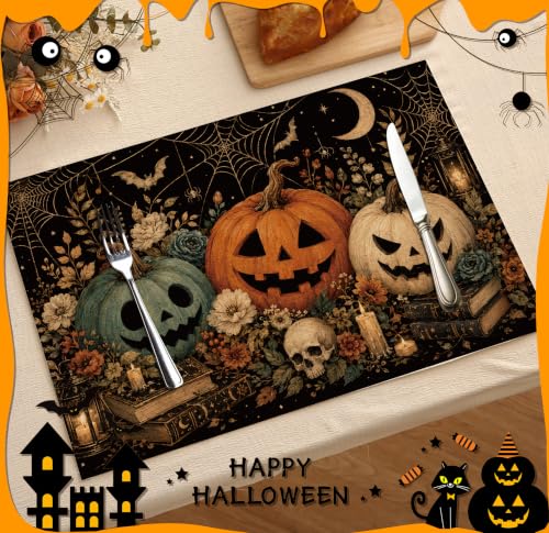 Halloween Placemats Set of 4 Botanical Pumpkin Linen Mats Floral 18x12 (4 Count)