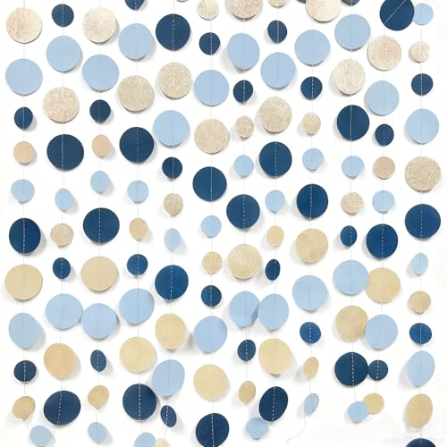 Navy Blue Champagne Gold Polka Dots Garland Hanging Paper Circle Dot Streamer for Birthday Wedding Shower Graduation Engagement Bridal Shower Bachelorette Retirement Party Decorations Supplies