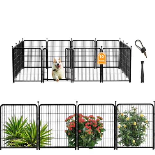 56 in(H) Dog Fence Outdoor for Yard，Wide Door Low Threshold, Decorative Garden Fence Panels, 10 Panels Total 22.1 Ft(L)，No Dig Fencing for Dogs, Black