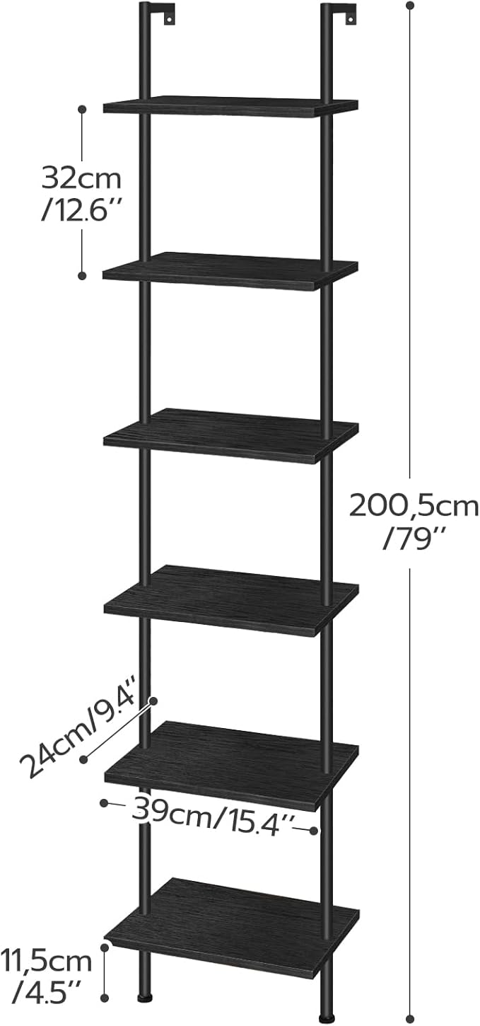 HOOBRO DIY Ladder Shelf, 6-Tier Wooden Wall Mounted Bookshelf, Narrow Bookcase, Display Shelf, Storage Rack, Plant Stand, for Living Room, Bedroom, Study, Balcony, Black BB651CJ01