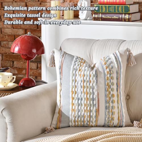 Set of 2 Chenille Striped Textured Boho Throw Pillow Covers Aesthetic with Tassels Woven Decorative Pillow Case for Couch Bed Sofa Bedroom Modern Funky 18 x 18 (2 Count)