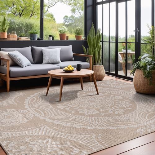 Medallion Outdoor Rug 8x10 Washable Outside Carpet for Indoor Patio Porch Waterproof Easy Cleaning Non Shedding Area Rugs Beige 8 x 10