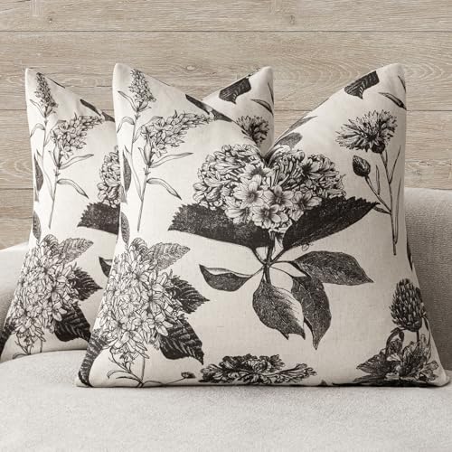Set of 2 Linen Floral Vintage Throw Pillow Covers Neutral Accent Print Decorative Cushion Covers Farmhouse Boho Home Decor for Sofa Chair Couch Bedroom Living Room (2 Count)