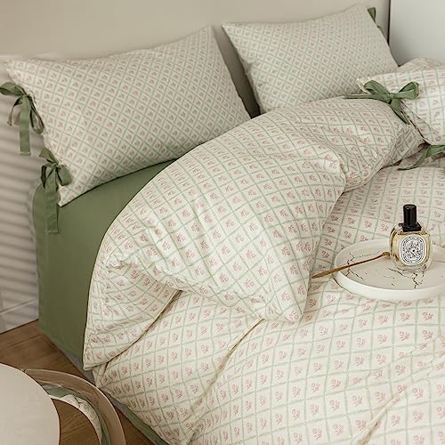 Full Comforter Set Pink Flower Comforter with 2 Bowknot Pillowcases Chic Plaid Grid Prints Floral Bedding Comforter Boho Farmhouse Bedding Set French Country Style Botanical Comforter Set (3 Count)