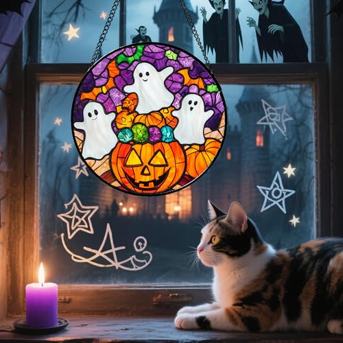 Stained Glass Window Hanging Halloween Horror Pumpkin White Ghost 15"