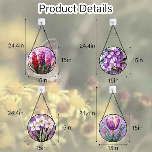 Stained Glass Window Hanging 4 Pcs Set Purple Flower Theme Large 15"