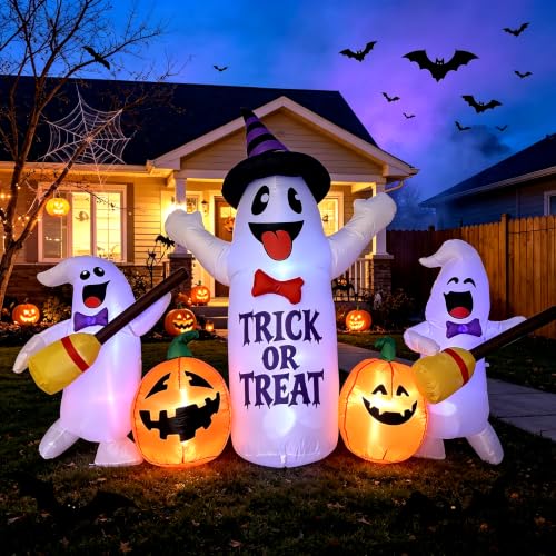 8FT Halloween Inflatable Ghosts with Broom & Pumpkins (Black White)