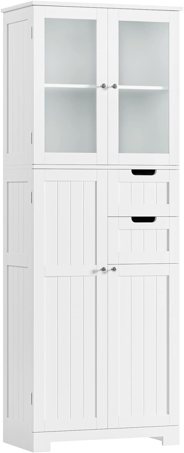 67'' Tall Bathroom Storage Cabinet, Linen Cabinet with Glass Doors and Adjustable Shelves, Kitchen Pantry with 2 Drawers for Bathroom, Living Room, Dining Room, White