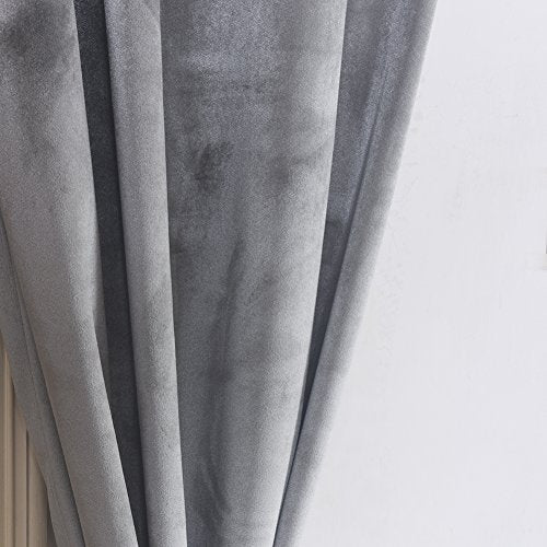 Super Soft Luxury Velvet Set of 2 Silver Gray Classic Blackout Curtains Panels Home Theater Grommet Drapes Eyelet 52Wx96L inch Light Grey