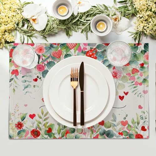 Valentines Day Love Heart Rose Placemats Set of 4 Valentine Eucalyptus Leaves Linen Table Mats Heat 12x18 Inch Spring Resistant Washable Table Mats for Kitchen Dining Decoration (4 Count)