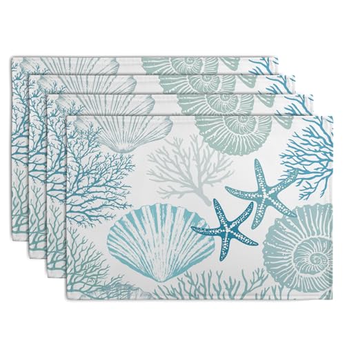 Nautical Coastal Blue Placemats Set of 4 Summer Teal Turquoise Beach Theme Linen Table Mats Ocean Coral Seashell Starfish Decorative Place Mats for Party Kitchen Dining Outdoor Indoor Decor