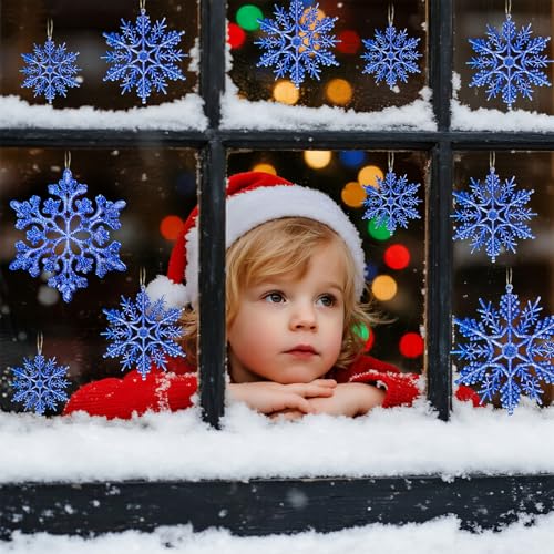 Christmas Tree Decorations Snowflake Ornaments 36Pcs Blue Silver Glitter Plastic Hanging Snowflakes from Ceiling Snow Flakes Decorating Hanging for Winter Wonderland Decorations Indoor Outdoor Decor (36 Count)