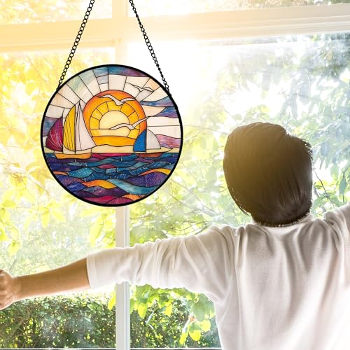 Sunset Sailboat Stained Glass Window Hanging Suncatcher Gifts Decor 9.8"